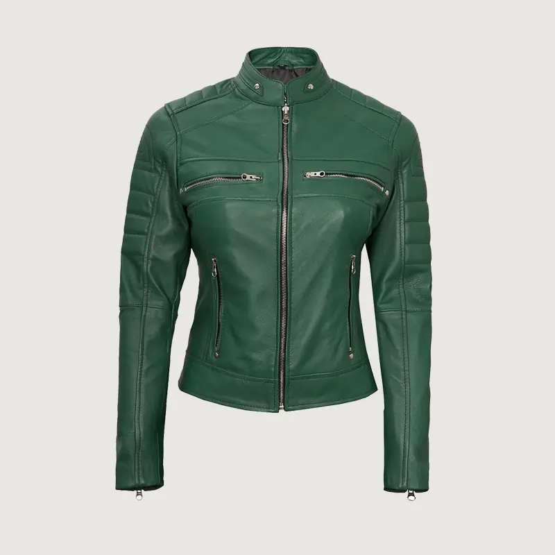 Women's Green Color Classical Biker Jacket With Cafe Racer Style