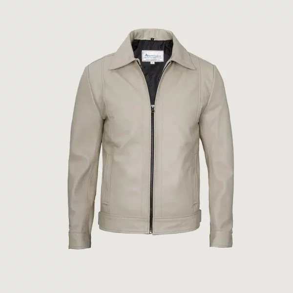Mens Classic Shirt Collar Beige Leather Jacket Mens Classic Shirt Collar Beige Leather Jacket