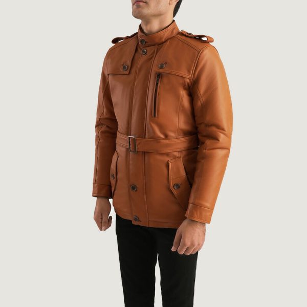 Men's New Hunter Tan Leather Trench Coat