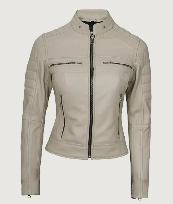 beigh_leather_cafe_racer_jacket Women's Real Leather Beige Biker Jacket