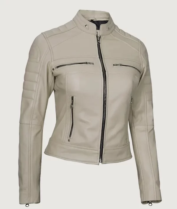 Women's Real Leather Beige Biker Jacket