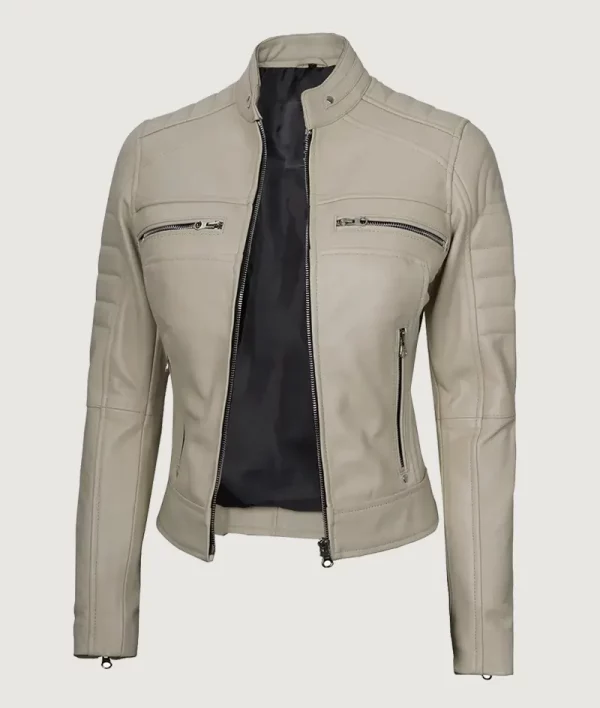 Women's Real Leather Beige Biker Jacket