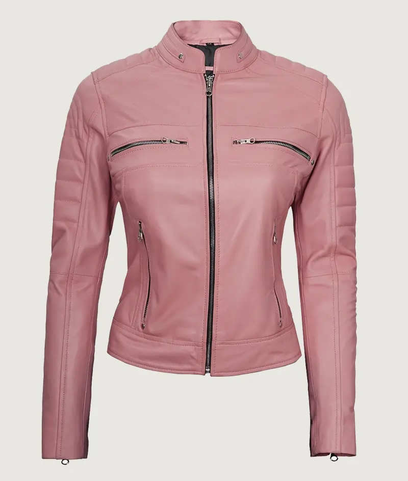 Women's Real Leather Pink Biker Jacket